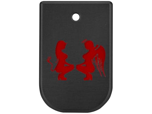 NDZ Performance Magazine Base Plate for Gen 5 Glock 17 19 22 23 34 45 47 49, 9MM .40 S&W, Black Anodized Aluminum W/Red Color Fill Engraving, Made in The USA - Naughty and Nice Girls