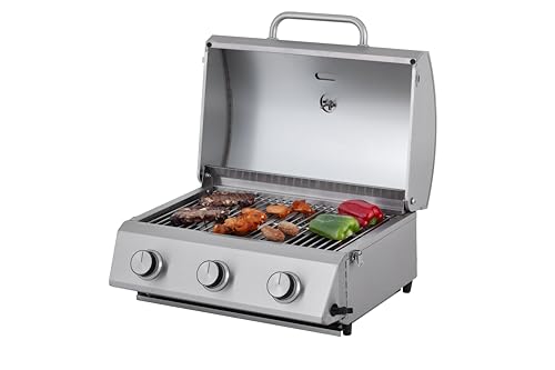 Tarrington House Barbecue à Gaz Portable CATHAN 3 Brûleurs, Acier Inoxydable, 6.6 kW, Couvercle avec Thermomètre, Allumage Piézoélectrique, Argent