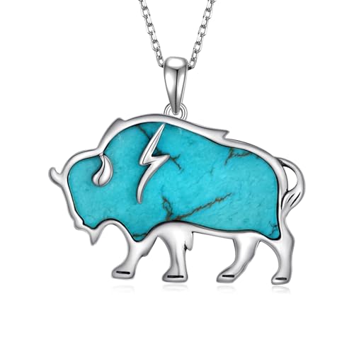 Buffalo Necklace 925 Sterling Silver Genuine Turquoises Buffalo Pendant Western Nature Gemstone Turquoise Buffalo Jewelry Gifts for Women