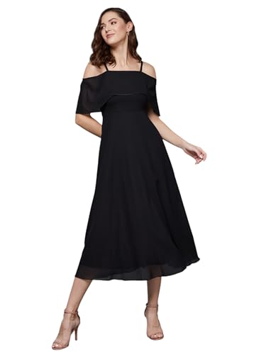 Image of Miss Chase Women's Round Neck Sleeveless Polyester Ruffled Knee- Length Dress