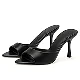 Riekhany High Heel Mules for Women Slip On Open Pointed Toe Classy Patent Leather Stiletto Pumps Formal Slingback Mule Sandals Dress Walking Shoes Black