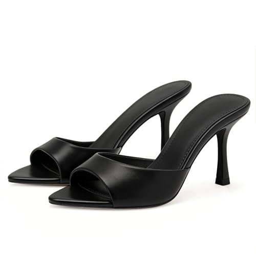 Image of Riekhany High Heel Mules for Women Slip On Open Pointed Toe Classy Patent Leather Stiletto Pumps Formal Slingback Mule Sandals Dress Walking Shoes