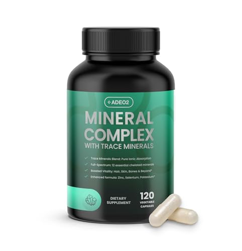 ADEO2 - Premium Blend of 52 Trace Minerals Complex with Essential Minerals in Chelated Form All Natural and 100% Organic - 120 Capsules - Full Spectrum Ionic Mineral Blend - Safe for Women and Men