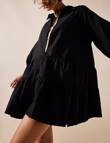 Image of HangNiFang Women's Summer Babydoll Mini Dress Flowy Puff Sleeve Tiered Button Down Oversized Tunic Dress with Pockets