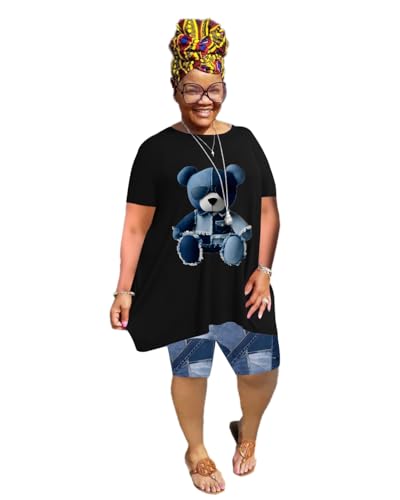 YeGine Women Plus Size 2 Piece Outfits Casual Short Sleeve Tunic Tops Shorts Sets Summer Oversized Tshirts Shorts Sweatsuits Denim Bear 5XL