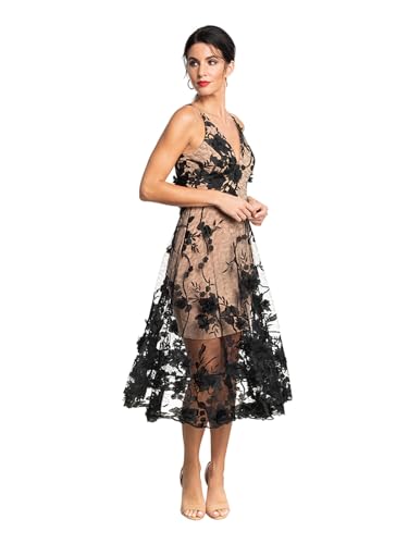 Dress the Population Women's Audrey Spaghetti Strap MIDI A-LINE 3D Floral Dress Dress, Black/Nude, XL