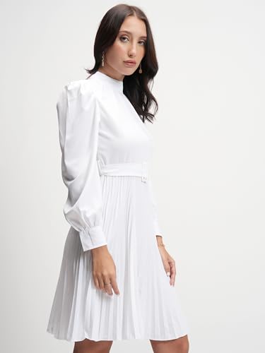 Image of Tokyo Talkies Women's Elegant A-Line Dress with Belt & Pleated Dress- Sophisticated Full-Sleeve Style for Any Occasion