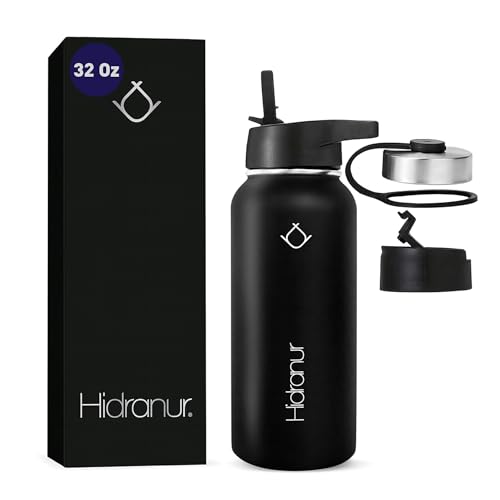 El Mejor Listado de Termo para agua comprados en linea. 47 Hidranur Termo de Acero Inoxidable Doble Aislamiento Térmico, Termo Para Café, 3 Tapas Herméticas, 2 Popotes, 24 Hrs de Agua Caliente y Fría (Negro, 32 Oz (946.353 ml))