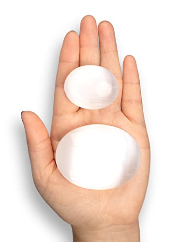 2 pc Selenite Palm Stone, Oval Shaped Crystals and Healing