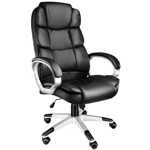 tectake® Silla de Oficina Ergonómica, Piel Sintética, Giratoria, con Reposacabezas Acolchado y Ajuste de Altura, Base con Ruedas, Sillón Escritorio, Amortiguador de Seguridad   Negro