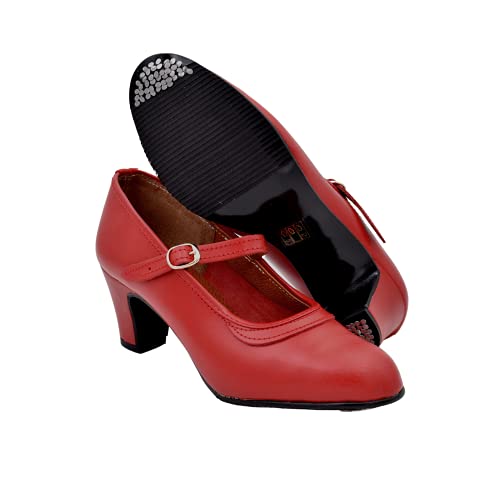 PASARELA - Zapatos de Baile Flamenco de Piel con Hebilla y Clavos Rojo Mujer Cuero Mujer Color: Rojo Talla: 38