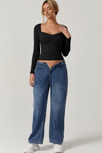 QINSEN Womens Slimming Fit Sweetheart Neck Long Sleeve Basic Crop Tops Stretch Going Out Tee Shirt4