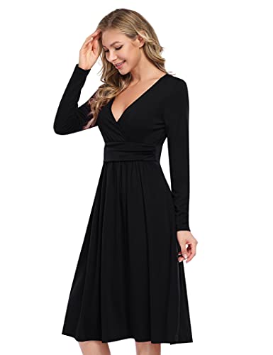 MISSKY V Neck Casual Dress Long Sleeve Empire Waist Wrap Midi Party Dresses with Pockets