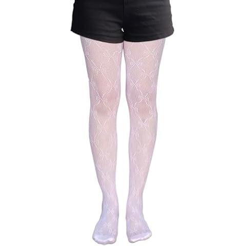 VINICUNCA Women's Fishnet Stockings Lace Patterned Tights High Waist Pantyhose (US, Alpha, Small, Medium, Regular, Regular, White-bow) Cover