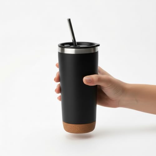 590 ml Paslanmaz Çelik Pipetli Termos Kupa - 4 Renk Seçeneği (Siyah, Yeşil, Gri, Mavi) - Sıcak ve Soğuk Tutan Mug - Araç ve Ofis Bardağı (Siyah)