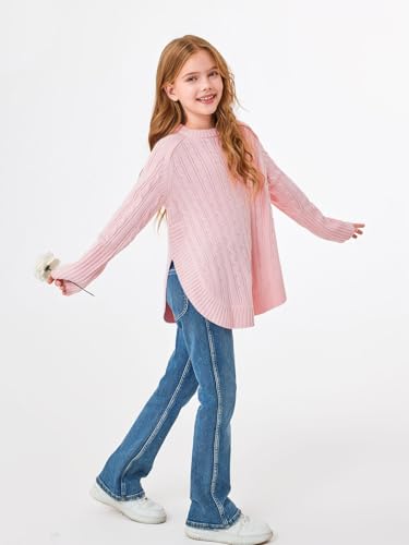 Haloumoning Girls Oversized Sweater Kids Fashion Batwing Sleeve Cable Knit Sweaters with Side Slit 5-14 Years4