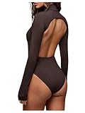 MakeMeChic Women's Open Back Tops Bodysuit Mock Neck Long Sleeve Corset Turtlenec Bodysuit Brown X-Small