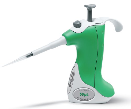 VistaLab 1257-0050 Ovation Fixed Volume Two Stroke BioNatural Pipette, 50 microliter Volume, +/-0.8% Accuracy, Green