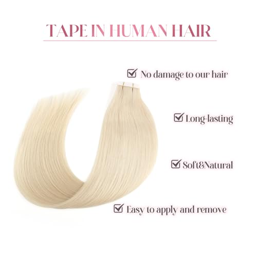 Image of Sixstarhair 50g Tape in Hair Extensions Blonde Hair Extensions Color 60 Ash Blonde Natural Human Hair Extensions Platinum Tape In Extensions For Salon [Color 60 Ash Blonde 20inch]