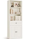 Coleshome 5-Tier Bookcase with Doors and Cabinet, Bookshelf Floor Standing Display Storage Shelf, Tall Bookcase with drawers for Home, Office, Living Room, Bedroom, White, 48 x 24 x 164.2