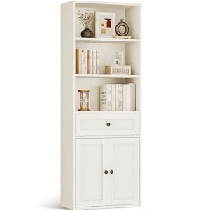 Coleshome 5-Tier Bookcase with Doors and Cabinet, Bookshelf Floor Standing Display Storage Shelf, Tall Bookcase with drawers for Home, Office, Living Room, Bedroom, White, 48 x 24 x 164.2