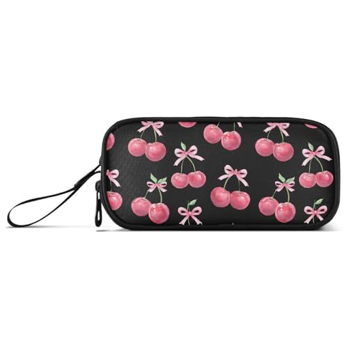 Image of Watercolor Cherry Bow Pencil Case Box Boys Girls Large Pencil Pouch Zipper Compartments Big Capacity Stationery Pen Bag Organizer for Kids Teens Adults School Office