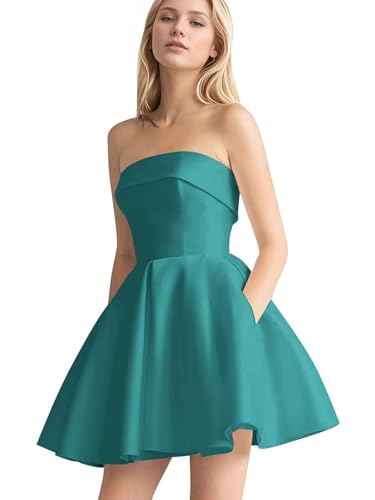 Image of Leeskoot Satin Homecoming Dresses for Teens 2026 Strapless Short Prom Dress A Line Mini Cocktail Evening Gown with Pockets