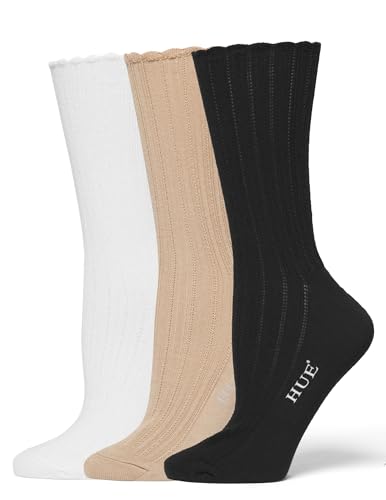 HUE Women's Scalloped Pointelle Sock, Sesame/Ivory/Black, One Size