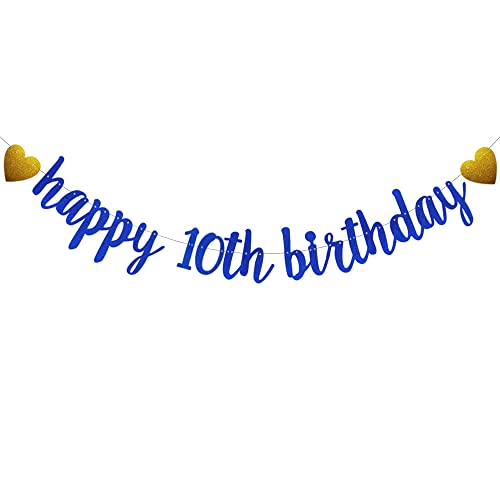 SUNbetterland Blue glitter Happy 10th Birthday Banner, Pre-Strung,10th Birthday Party Decorations Supplies, Happy 10th Birthday