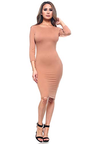 Image of ICONOFLASH Women's 3 /4 Sleeves Midi Bodycon Dress Crew Neck Fitted Dresses with Plus Size Options