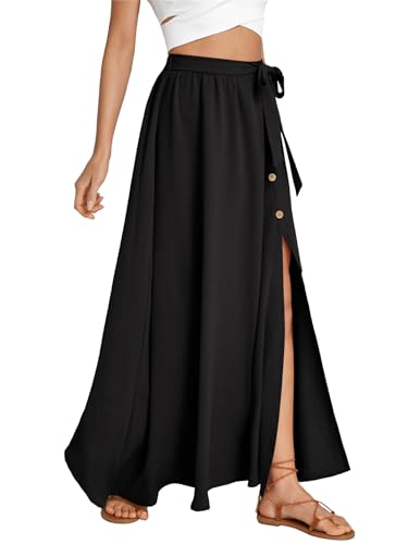 LYANER Women's Casual Tie Waist Button Front Split Skirts High Waist Swing Flowy Maxi Skirt3