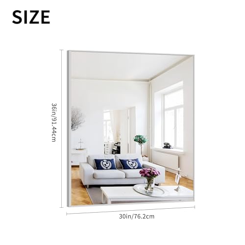 Image of COFENY Silver Bathroom Mirror for Wall, 30x36 Inch Rectangle with Metal Frame, Modern Vanity for Bathroom Living Room, Entryway Hangs Horizontal or Vertical