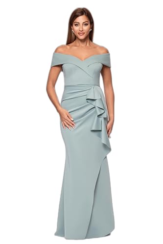 Xscape Women's Galaxy Glitter Ruffle Off The Shoulder Knee Length Dress