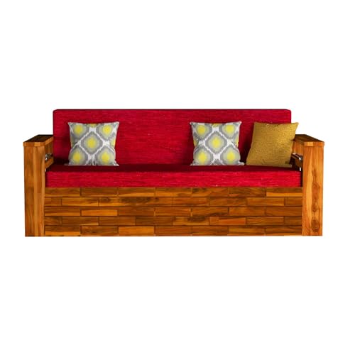 Image of Mamta Furniture Solid Sheesham Wood Sofa Cum Bed Furniture Set with Storage and 40 Density Cushions for Living Room, Bedroom, Drawing Hall Honey Finish Queen