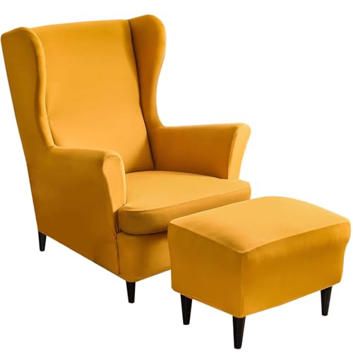 CLGTY Spandex Wing Chair Cover Set, 2 Piece Wingback Chair Slipcover and 1 Piece Rectangle Storage Stool Cover Stretch Wing Back Chair Covers Washable for Living Room-Yellow-3 Piece