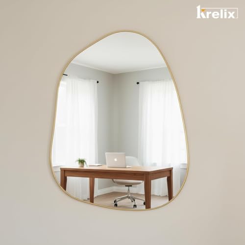 Image of 12x18 Inch Gold Irregular Asymmetrical Wall Mirror - Modern Plastic Frame, Decorative Wall-Mounted Mirror for Bathroom, Bedroom, Living Room & Entryway(Gold, Pebble)