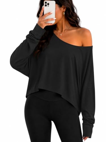 Womens Off The Shoulder Tops Long Sleeve Oversized Workout Flowy T Shirts - image 2