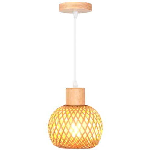 iDEGU Rétro Suspension Luminaire en Bambou et Bois Vintage Lampe 13cm Mini Abat-jour à Boule Rotin Vintage Lustre Style Bohème E27 Luminaire Plafonnier...