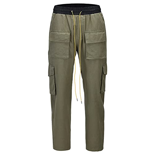 JEsilunmaMY Men's Multi-Pocket Cargo Pants Drawstring Elastic Waist Camo Straight Pants Distressed Hip-Hop Loose Trousers