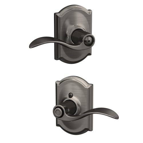 Image of SCHLAGE Accent Lever with Camelot Trim Bed and Bath Lock in Antique Pewter