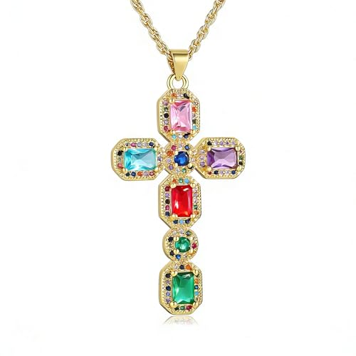 HZMAN Multicolor Crystal Cross Necklace for Women, 14K Gold Plated