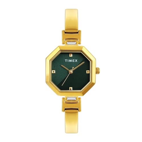 Image of TIMEX Analog Watch for Women with Green Octagonal Dial & Gold Brass Bracelet Band Water Resistant Women's Wrist Watches - TWEL195SMU02