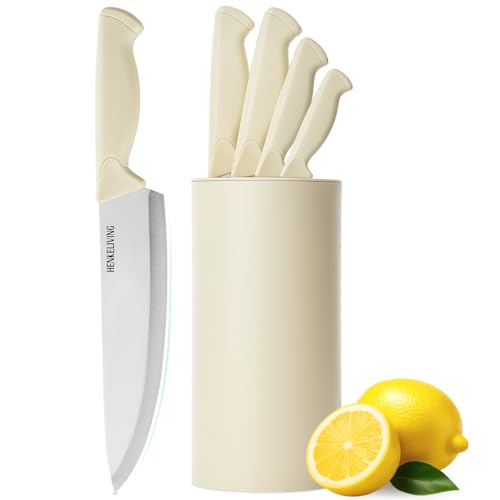 HENKELIVING Knife Set, 6-Piece Kitchen Knife Set, German High Carbon Stainless Steel, Durable & Easy Clean Knife Block, Cream
