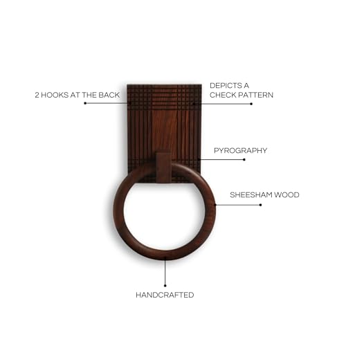 Image of ExclusiveLane 'Checkered Frame' Wooden Towel Ring Holder in Sheesham Wood | Handcrafted Towel Hanger for Bathroom Towel Holder Kitchen Towel Holder for Wash Basin Towel Ring (Sheesham Wood, Brwon)