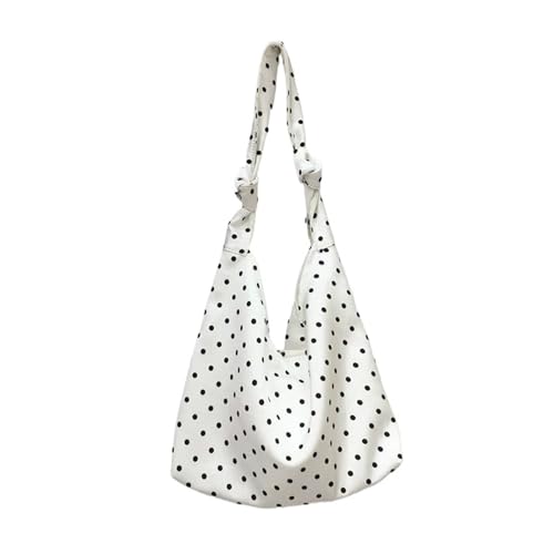 XUCZHAI Bolso de mano ligero tipo hobo con estampado lunares algodón for mujer, sencillo, pequeño, a la moda Para Compras, Trabajo Y Uso Diario(White)