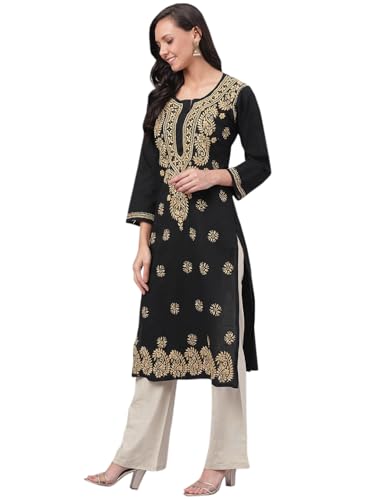 Image of Ada Hand Embroidered Chikankari Black Cotton Kurta for Women A207632 (5XL) | Women's handcrafted ethnic wear Chikan Embriodery casual office work wear Straight pure cotton handmade kurti tunic