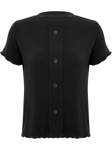 Kids Girls Crew Neck Short Sleeve Tee Shirts Lettuce Hem Tops Casual Summer Button Front Solid Color Blouse3