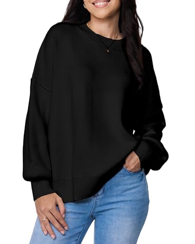 SUHK ASANA Womens Oversized Sweater Fall 2025 Pullover Crew Neck Long Sleeve Knit Top Fit Cozy Fall Winter Jumper Outwear (US Alpha Small Black