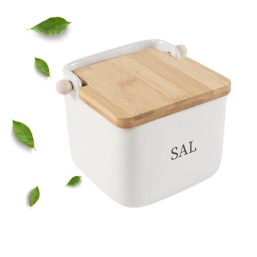 Solty - Salero de Cocina de Cerámica con Tapa - Tapa de Material de Bambú - Diseño Moderno - Medida 15 x 12 x 11 cm - Fácil de Limpiar (Blanco)