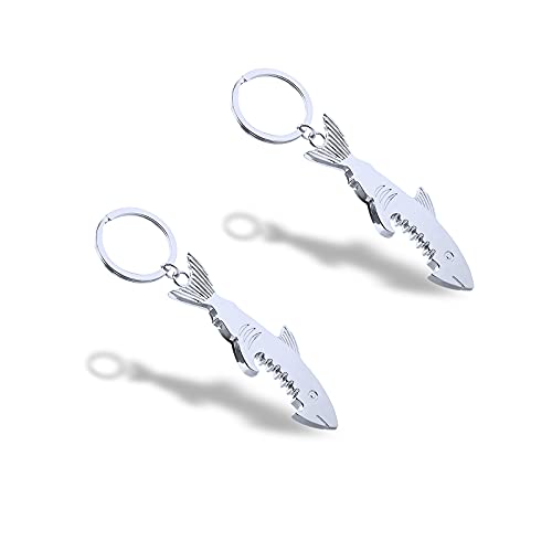 2点セット 多機能 オープナー ビール栓抜き サメ形 缶切り キーリング付き 可愛い 小型 軽量 ンパクト 便利 亜鉛合金 ボトルオープナー 男性用女性(シルバー)